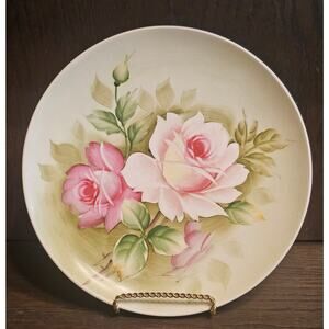 Vintage Lugene's Handpainted Porcelain Roses Decorative Plate 8.5" 1950s Kitsch
